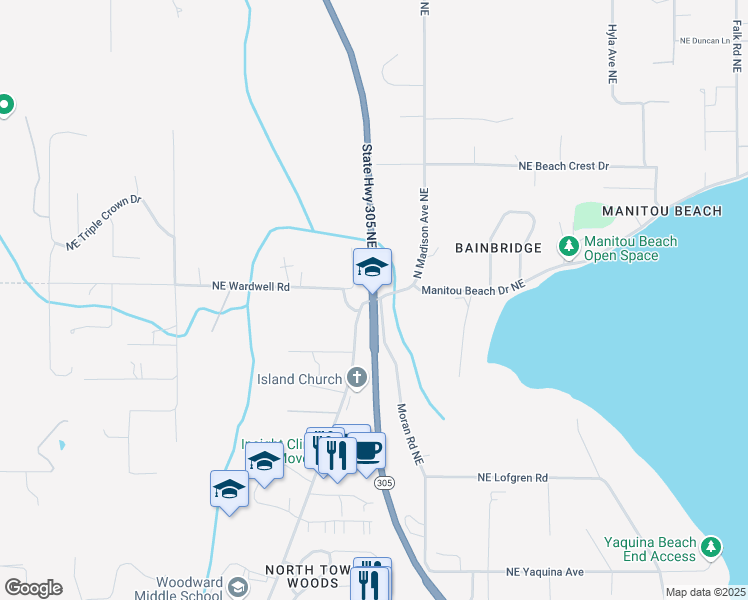 map of restaurants, bars, coffee shops, grocery stores, and more near 8555 Madison Avenue Northeast in Bainbridge Island