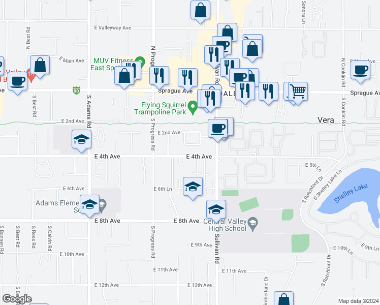 map of restaurants, bars, coffee shops, grocery stores, and more near 15223 East 4th Avenue in Spokane Valley