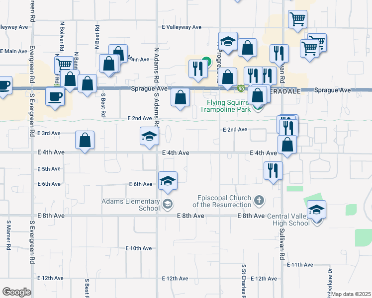 map of restaurants, bars, coffee shops, grocery stores, and more near 14807 East 4th Avenue in Spokane Valley