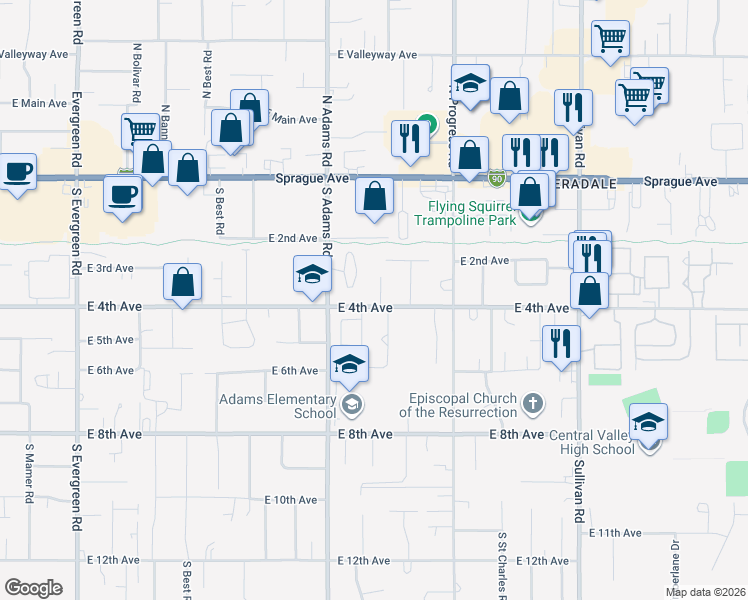 map of restaurants, bars, coffee shops, grocery stores, and more near 14807 East 4th Avenue in Spokane Valley