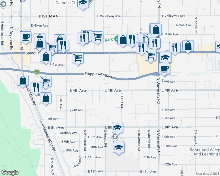 map of restaurants, bars, coffee shops, grocery stores, and more near 10119 East 4th Avenue in Spokane Valley