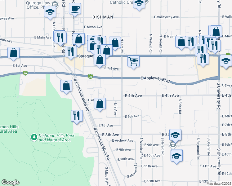 map of restaurants, bars, coffee shops, grocery stores, and more near 9611 East 4th Avenue in Spokane Valley