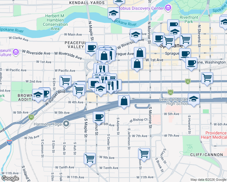 map of restaurants, bars, coffee shops, grocery stores, and more near in Spokane