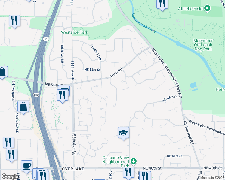map of restaurants, bars, coffee shops, grocery stores, and more near 15925 Northeast 51st Street in Redmond