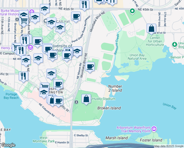 map of restaurants, bars, coffee shops, grocery stores, and more near 3924 Montlake Boulevard Northeast in Seattle
