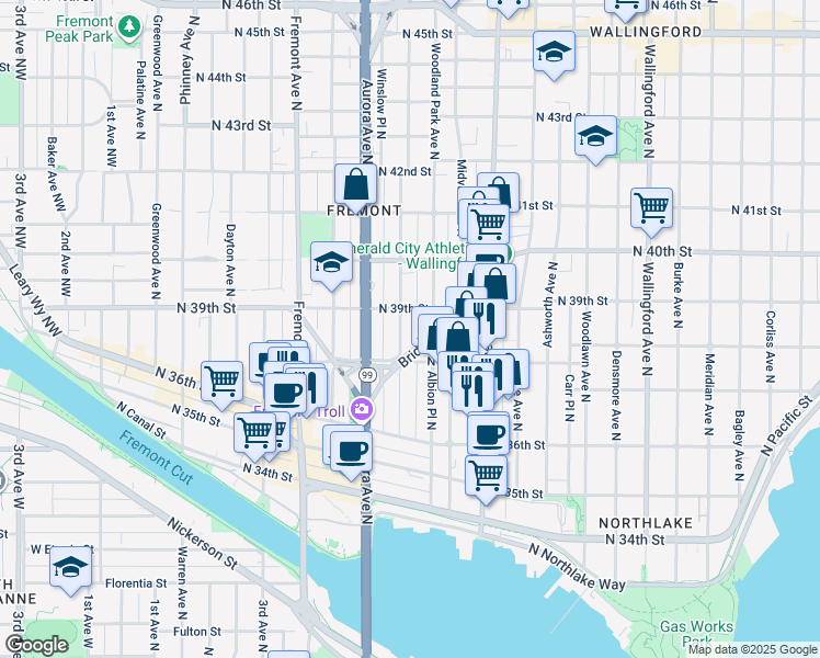 map of restaurants, bars, coffee shops, grocery stores, and more near in Seattle