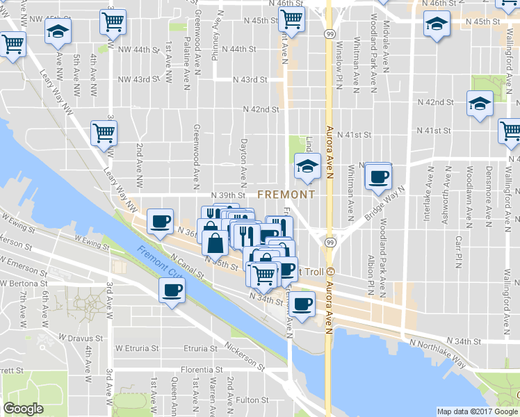 map of restaurants, bars, coffee shops, grocery stores, and more near 3658 Dayton Avenue North in Seattle