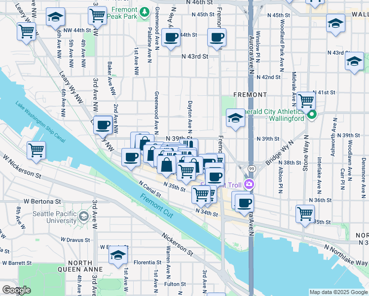 map of restaurants, bars, coffee shops, grocery stores, and more near 3651a Francis Avenue North in Seattle