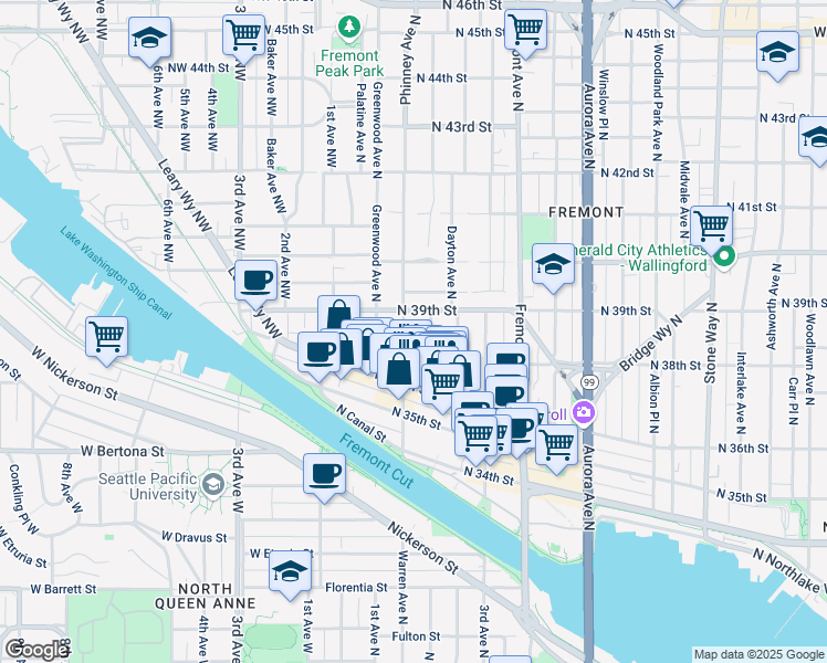 map of restaurants, bars, coffee shops, grocery stores, and more near 3651a Francis Avenue North in Seattle