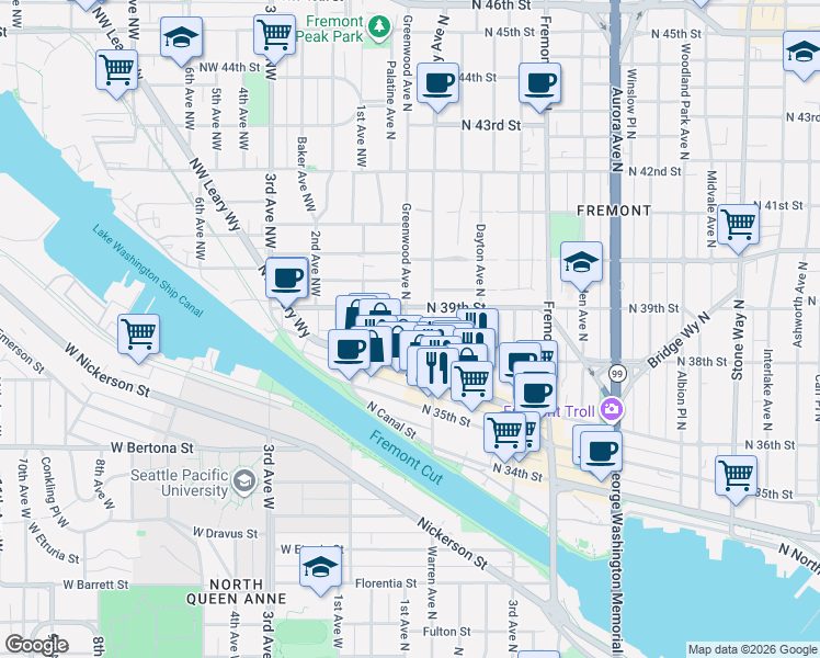map of restaurants, bars, coffee shops, grocery stores, and more near 3639 Phinney Avenue North in Seattle