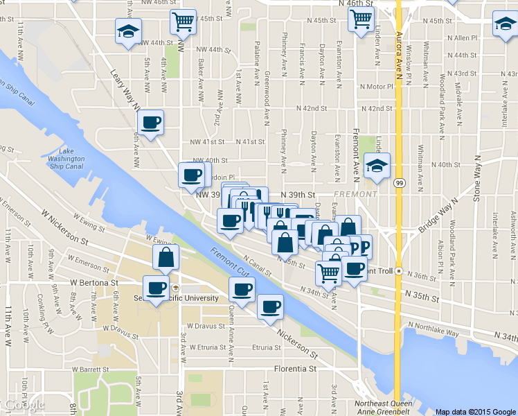 map of restaurants, bars, coffee shops, grocery stores, and more near 3628 Palatine Avenue North in Seattle