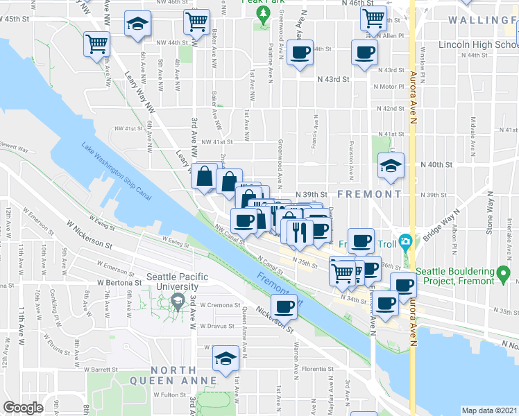 map of restaurants, bars, coffee shops, grocery stores, and more near 3628 Palatine Avenue North in Seattle