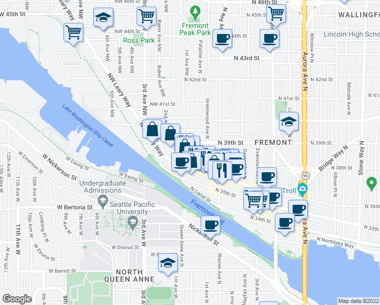 map of restaurants, bars, coffee shops, grocery stores, and more near 3626 Palatine Avenue North in Seattle