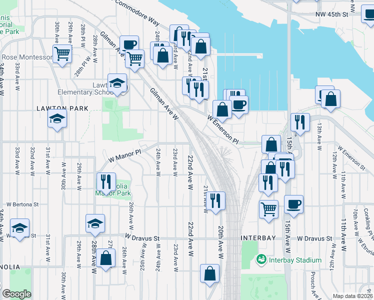 map of restaurants, bars, coffee shops, grocery stores, and more near 3645 22nd Avenue West in Seattle
