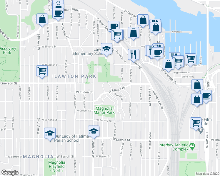 map of restaurants, bars, coffee shops, grocery stores, and more near 3710 27th Place West in Seattle