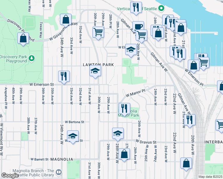 map of restaurants, bars, coffee shops, grocery stores, and more near 3706 29th Avenue West in Seattle