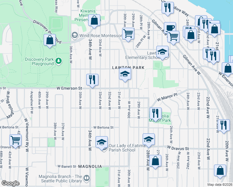 map of restaurants, bars, coffee shops, grocery stores, and more near 3707 31st Avenue West in Seattle