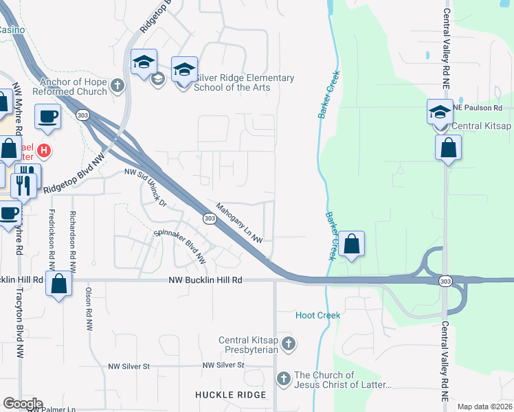 map of restaurants, bars, coffee shops, grocery stores, and more near 942 Mahogany Lane Northwest in Silverdale