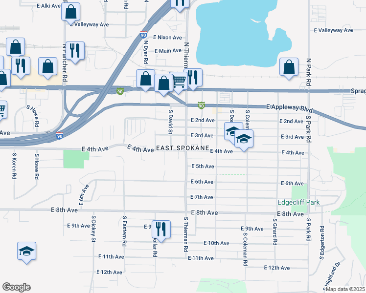 map of restaurants, bars, coffee shops, grocery stores, and more near 326 South Thierman Road in Spokane Valley