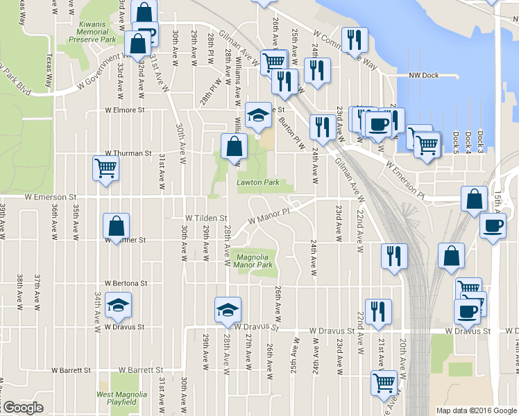 map of restaurants, bars, coffee shops, grocery stores, and more near 3711 26th Place West in Seattle
