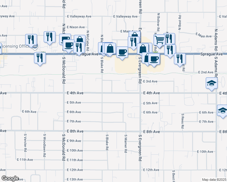 map of restaurants, bars, coffee shops, grocery stores, and more near 321 South Leatha Street in Spokane Valley
