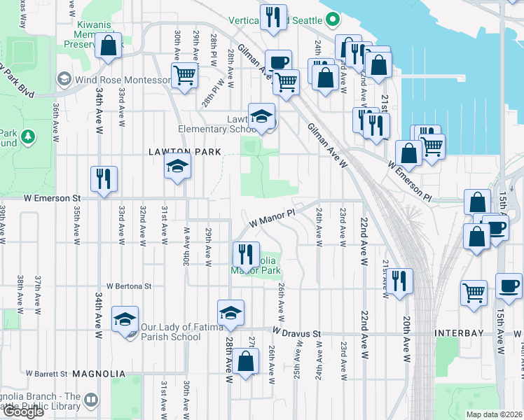 map of restaurants, bars, coffee shops, grocery stores, and more near 3711 26th Place West in Seattle