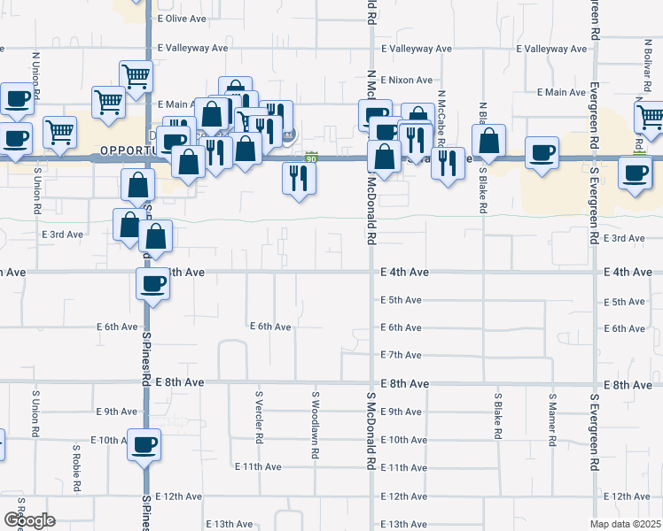 map of restaurants, bars, coffee shops, grocery stores, and more near 12915 East 4th Avenue in Spokane Valley