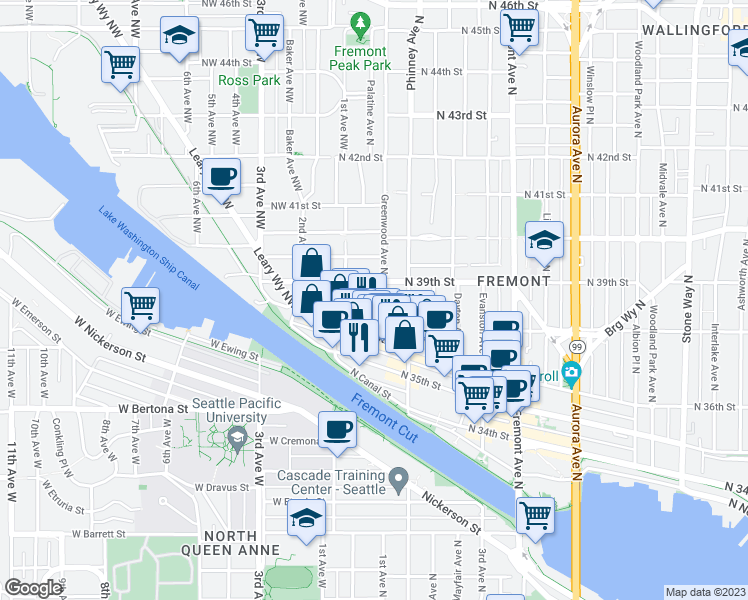 map of restaurants, bars, coffee shops, grocery stores, and more near 3628 Palatine Avenue North in Seattle