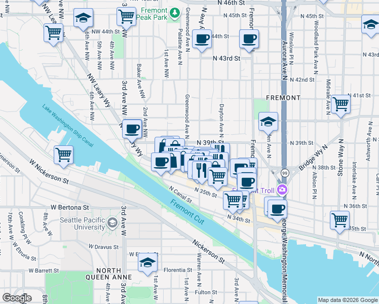map of restaurants, bars, coffee shops, grocery stores, and more near 3639 Phinney Avenue North in Seattle