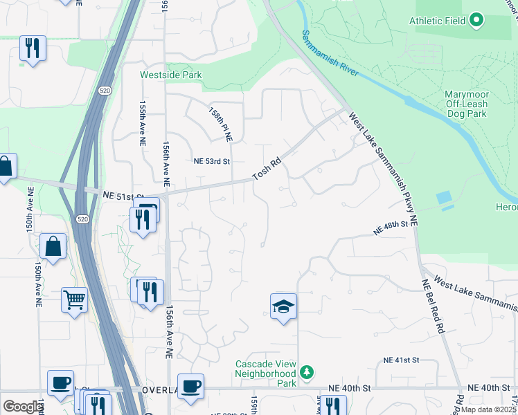 map of restaurants, bars, coffee shops, grocery stores, and more near 15925 Northeast 51st Street in Redmond
