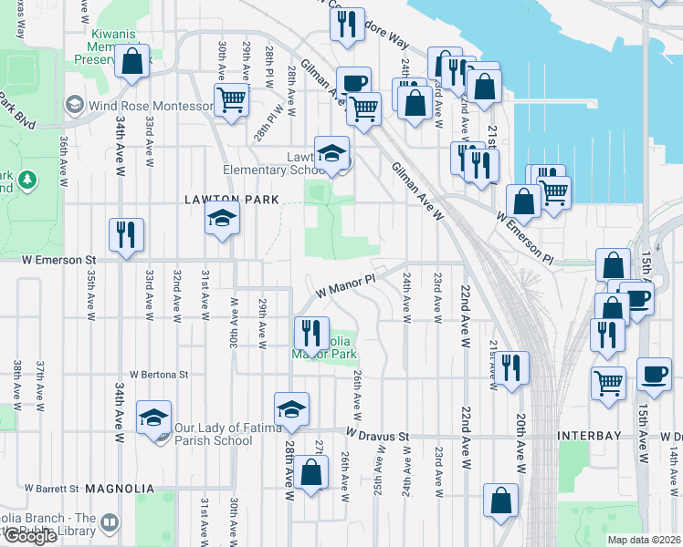 map of restaurants, bars, coffee shops, grocery stores, and more near 3710 27th Place West in Seattle