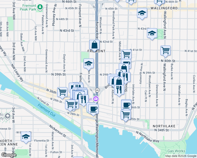 map of restaurants, bars, coffee shops, grocery stores, and more near 909 North 39th Street in Seattle