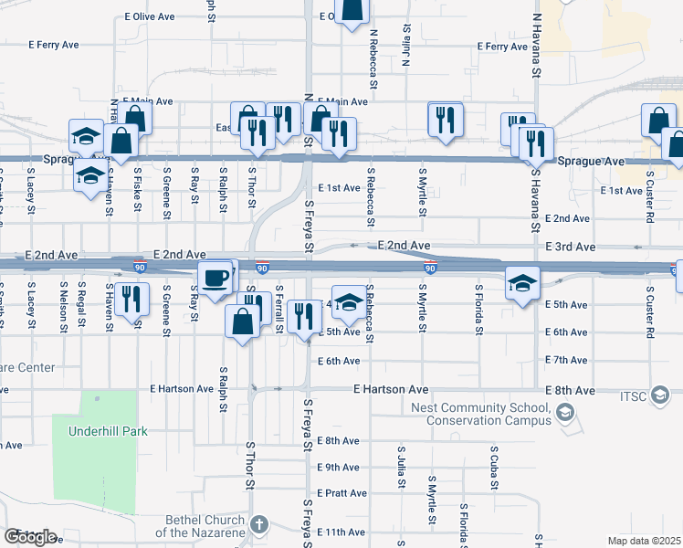 map of restaurants, bars, coffee shops, grocery stores, and more near 3704 East 3rd Avenue in Spokane