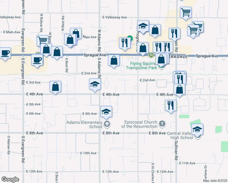 map of restaurants, bars, coffee shops, grocery stores, and more near 14807 East 4th Avenue in Spokane Valley