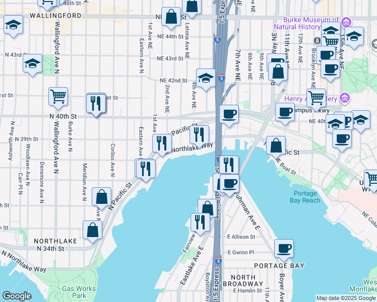map of restaurants, bars, coffee shops, grocery stores, and more near 303 Northeast Northlake Way in Seattle