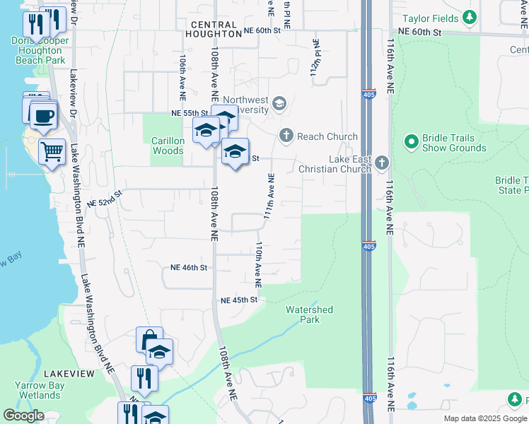 map of restaurants, bars, coffee shops, grocery stores, and more near 4900 111th Avenue Northeast in Kirkland