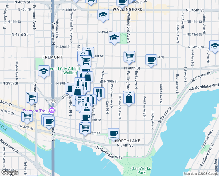 map of restaurants, bars, coffee shops, grocery stores, and more near 3810 Woodlawn Avenue North in Seattle
