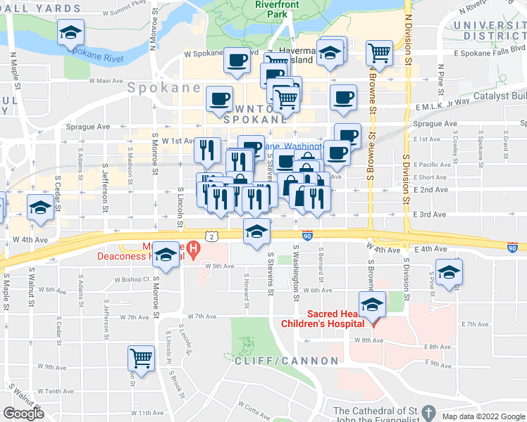 map of restaurants, bars, coffee shops, grocery stores, and more near 508 West 3rd Avenue in Spokane