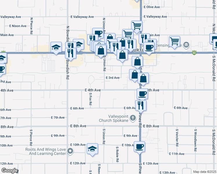map of restaurants, bars, coffee shops, grocery stores, and more near 11913 East 4th Avenue in Spokane Valley