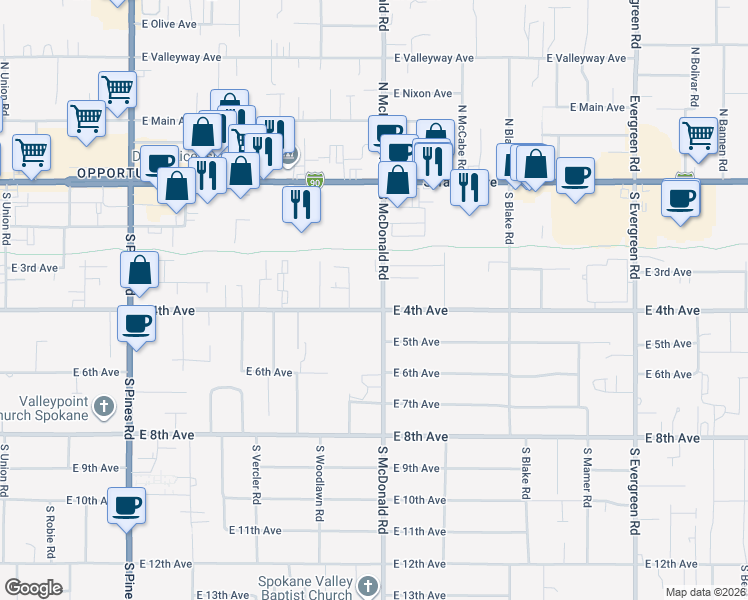 map of restaurants, bars, coffee shops, grocery stores, and more near 316 South McDonald Road in Spokane Valley
