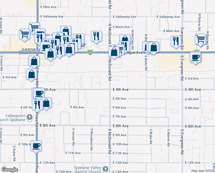 map of restaurants, bars, coffee shops, grocery stores, and more near 316 South McDonald Road in Spokane Valley