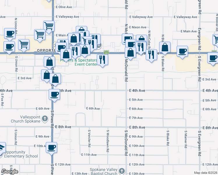 map of restaurants, bars, coffee shops, grocery stores, and more near 12915 East 4th Avenue in Spokane Valley