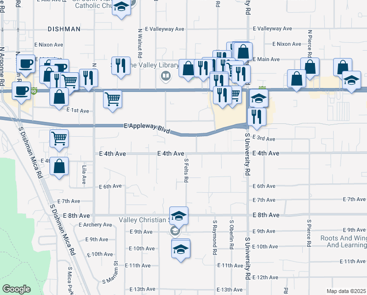 map of restaurants, bars, coffee shops, grocery stores, and more near 10223 East 4th Avenue in Spokane Valley