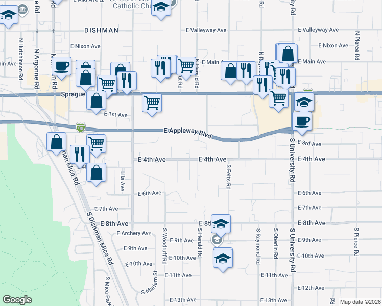 map of restaurants, bars, coffee shops, grocery stores, and more near 10017 East 4th Avenue in Spokane Valley