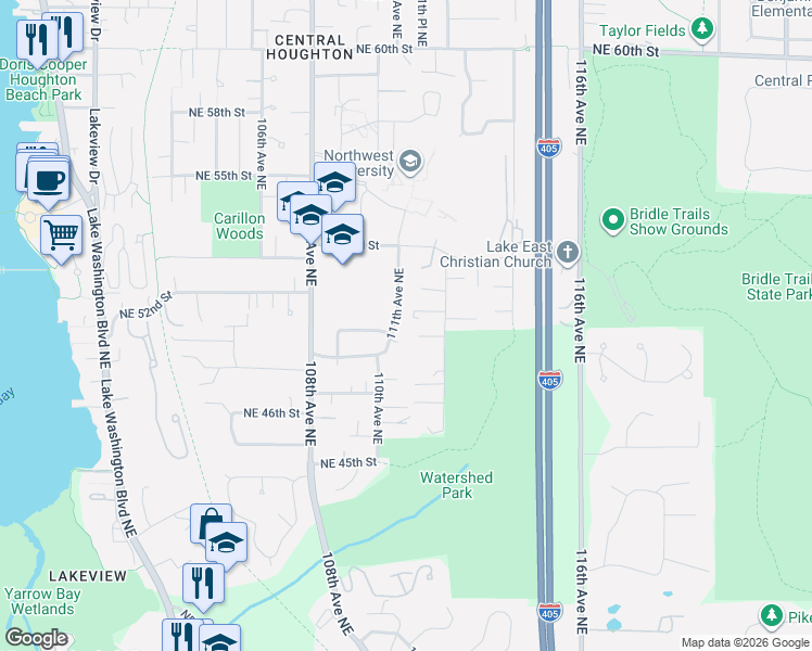 map of restaurants, bars, coffee shops, grocery stores, and more near 4900 111th Avenue Northeast in Kirkland