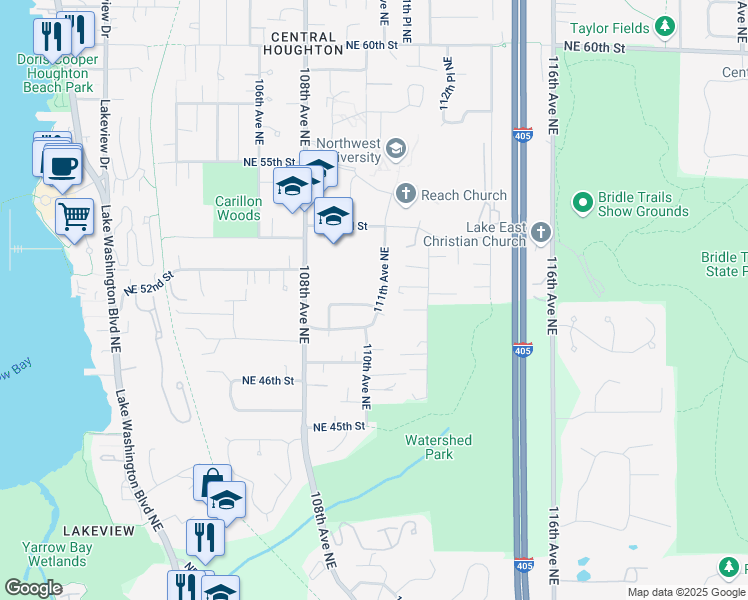 map of restaurants, bars, coffee shops, grocery stores, and more near 4900 111th Avenue Northeast in Kirkland