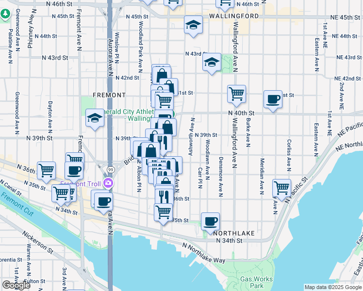 map of restaurants, bars, coffee shops, grocery stores, and more near 3825A Interlake Avenue North in Seattle
