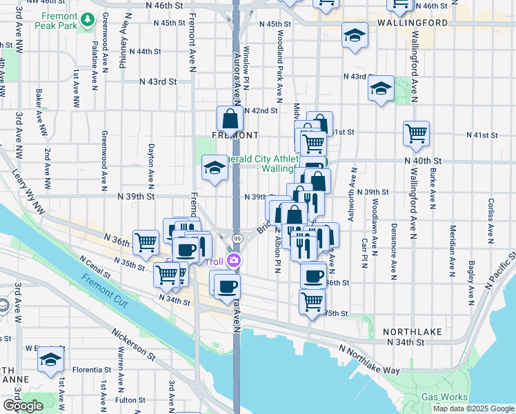 map of restaurants, bars, coffee shops, grocery stores, and more near in Seattle