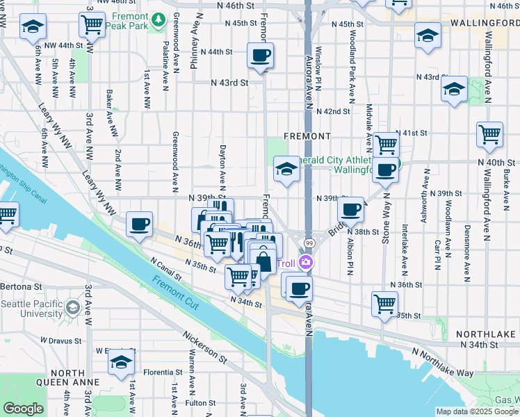 map of restaurants, bars, coffee shops, grocery stores, and more near in Seattle