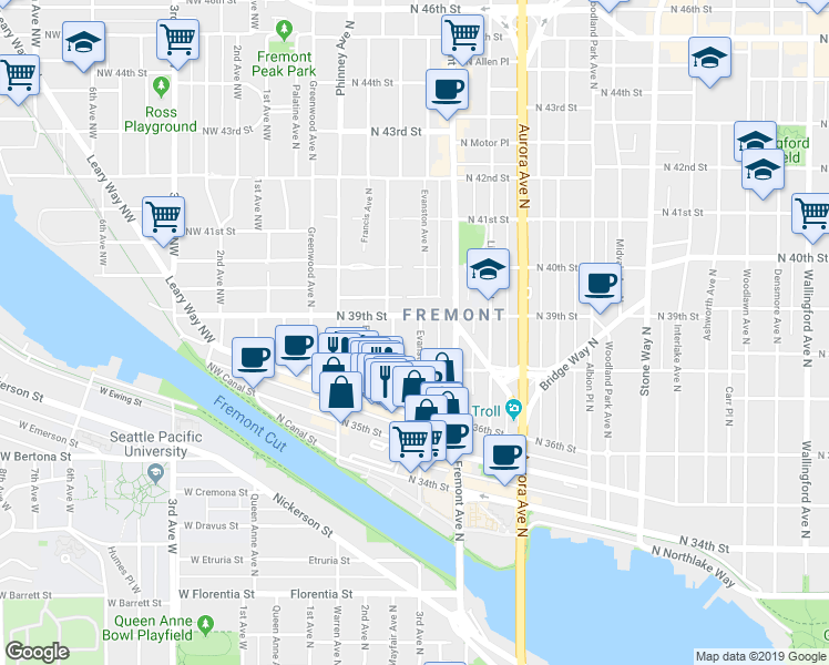 map of restaurants, bars, coffee shops, grocery stores, and more near 3658 Dayton Avenue North in Seattle